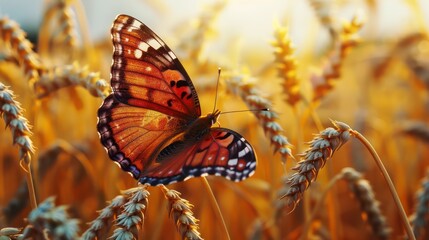 Obraz premium A graceful butterfly drifting through a field of golden wheat under warm sunlight
