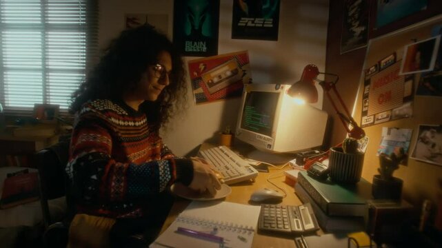 Side shot of happy gen Y Caucasian software programmer running code on old retro computer and taking burger, eating and looking at screen in bedroom in evening, nostalgic 90s