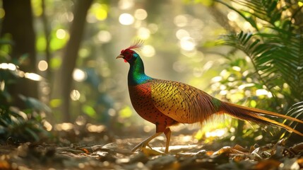 Fototapeta premium A striking golden pheasant walking through a forest, its iridescent feathers gleaming in the dappled sunlight.
