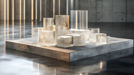 Concrete blocks, steel rods, and glass prisms meticulously placed on a sleek industrial surface