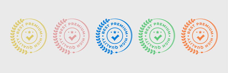 Colorful circular stamps, each with checkmark, stars, laurel wreath, text best premium high quality