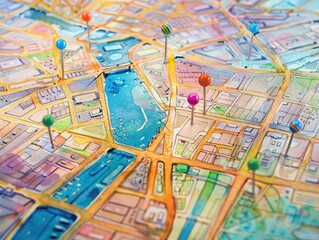 Watercolor drawings of maps and pinpoints in various areas.