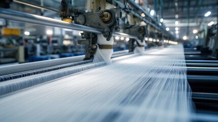 Fototapeta premium A textile factory in Korea with automated machines weaving fabrics, capturing the traditional and modern aspects of Koreas manufacturing industries.