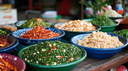 Obraz premium A vibrant Thai street food stall, with bowls of fried basil, chili, and garlic on display, ready to be used in various dishes.
