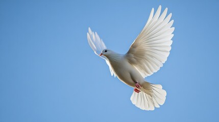 Fototapeta premium A white dove soaring gracefully through the air, its wings outstretched against a backdrop of clear blue sky.