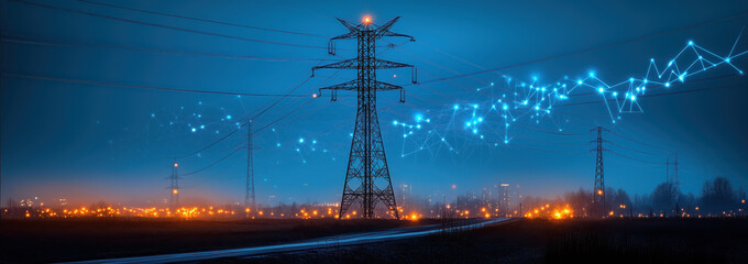 High voltage electric power lines station with sunset sky background.