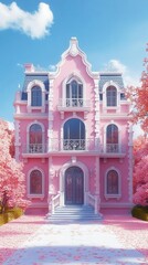 Barouge mansion exterior flat design front view fantasy theme 3D render Splitcomplementary color scheme
