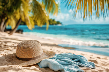 Straw hat and towel relaxing on tropical beach sand