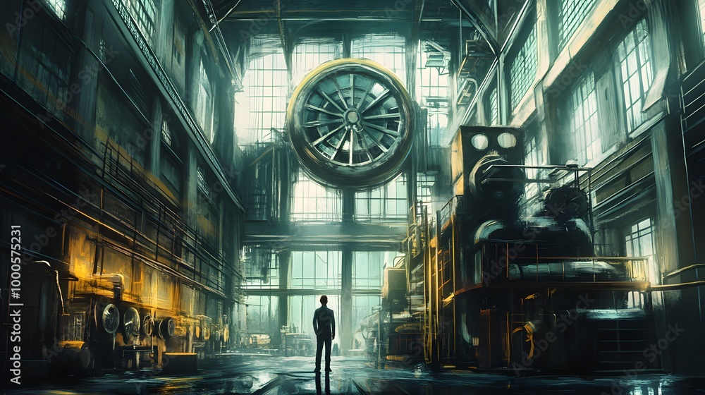 Poster a man stands in front of a large, futuristic looking machine. the scene is set in a large industrial