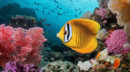 Colorful tropical fish darting through vibrant corals in the pristine waters off the coast of Koh Tao, showcasing its marine diversity.