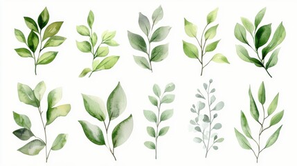 Watercolor Green Leaves Set for Design and Decoration