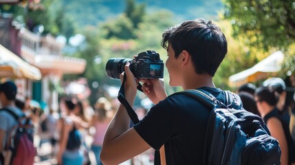 Teenagers taking pictures at a tourist spot. Tour documentation
