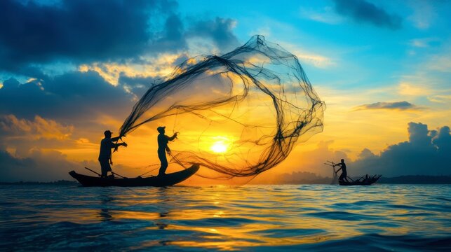Fishermen casting their nets into the ocean at sunrise, silhouetted against the sky, capturing the traditional method of catching fish.
