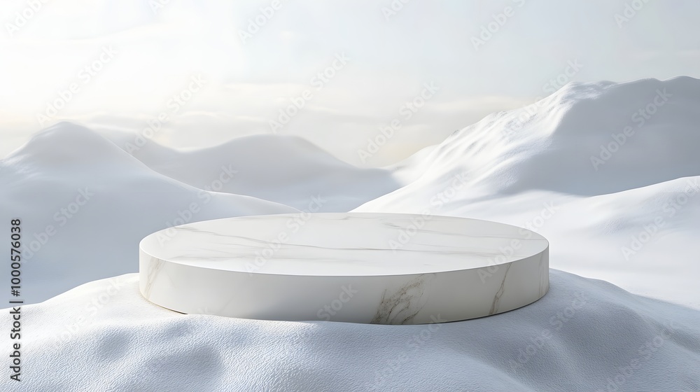 Poster 4. a stylish 3d render of a mock-up podium on a smooth blanket of snow, creating a clean and sophist
