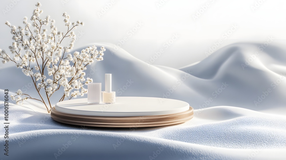 Poster 4. a stylish 3d render of a mock-up podium on a smooth blanket of snow, creating a clean and sophist