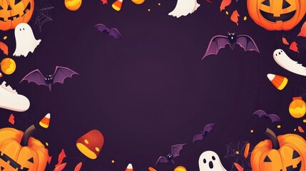 Halloween background with pumpkins, ghosts and candies. Vector illustration.