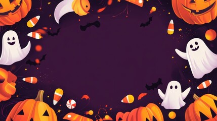 Fototapeta premium Halloween background with pumpkins, bats and ghosts. Vector illustration.