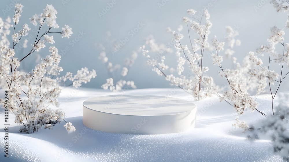 Poster 4. a stylish 3d render of a mock-up podium on a smooth blanket of snow, creating a clean and sophist