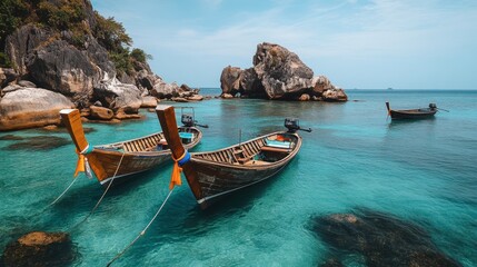 Obraz premium Traditional Thai longtail boats anchored in the clear waters off Koh Tao, with dramatic rock formations in the background.