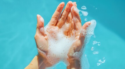 Fototapeta premium Washing hands with soap and water in the swimming pool. Washing hands with soap to prevent virus and bacteria.
