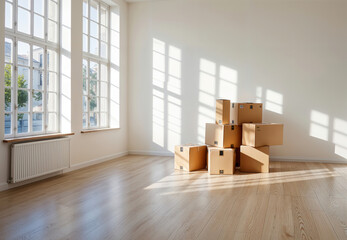 Sunlight illuminating stacked cardboard boxes in empty room
