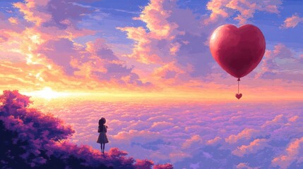 Fototapeta premium A solitary figure stands on a hillside, gazing at a heart-shaped balloon soaring through a vibrant, sunset-kissed sky above a sea of clouds.