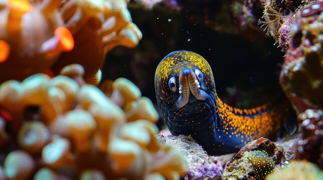 Colorful moray eel peeking out from its rocky hide in the ocean