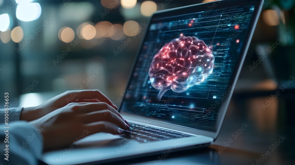 Poster a person is typing on a laptop with a brain image on the screen. the image is colorful and has a fut