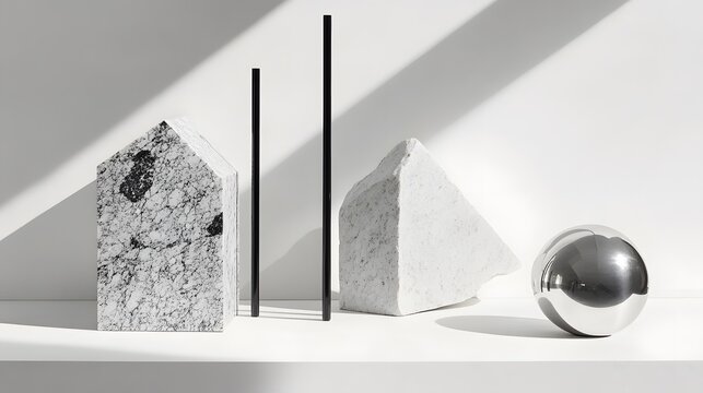A collection of angular stone blocks, polished chrome spheres, and matte black rods placed on a clean white table