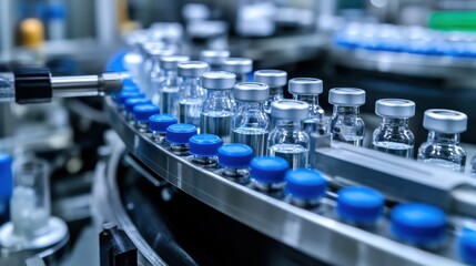 Fototapeta premium Medical vials on production line at pharmaceutical factory, Pharmaceutical machine working pharmaceutical glass bottles production line, health care, pandemic