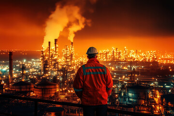 Obraz premium Engineer standing at Industrial view at oil refinery plant from industry zone.