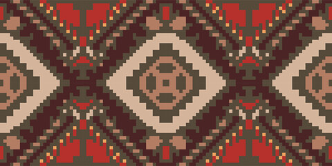 Pixel Art Abstract Ikat Dress Patternfolk Embroidery, Aztec Geometric Ornament Print. Design for Carpet, Wallpaper, Clothing, Wrapping, Fabric