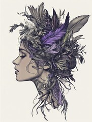 Fototapeta premium A woman's profile with a crown of feathers and flowers.