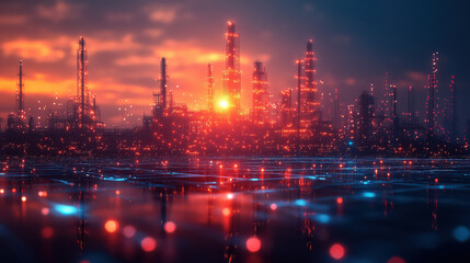 Naklejka premium Petrochemical industry fuel factory zone with sunset sky background.