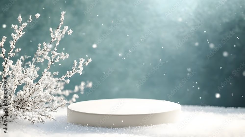 Poster 1. a serene scene featuring an empty podium on a pristine winter snow background, creating a minimal