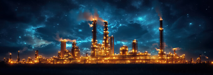 Obraz premium Petrochemical industry fuel factory zone with sunset sky background.