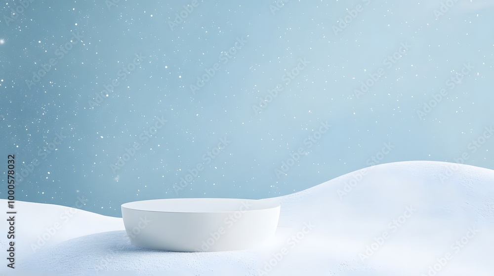 Poster 1. a serene scene featuring an empty podium on a pristine winter snow background, creating a minimal