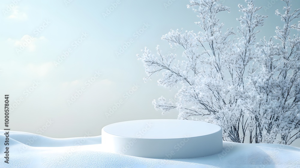 Poster 1. a serene scene featuring an empty podium on a pristine winter snow background, creating a minimal
