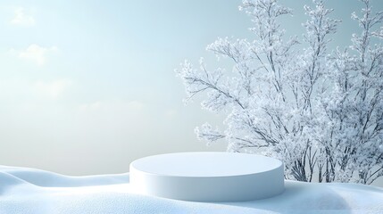 1. A serene scene featuring an empty podium on a pristine winter snow background, creating a minimalist mock-up placement for showcasing cosmetic products in a fashion advertisement