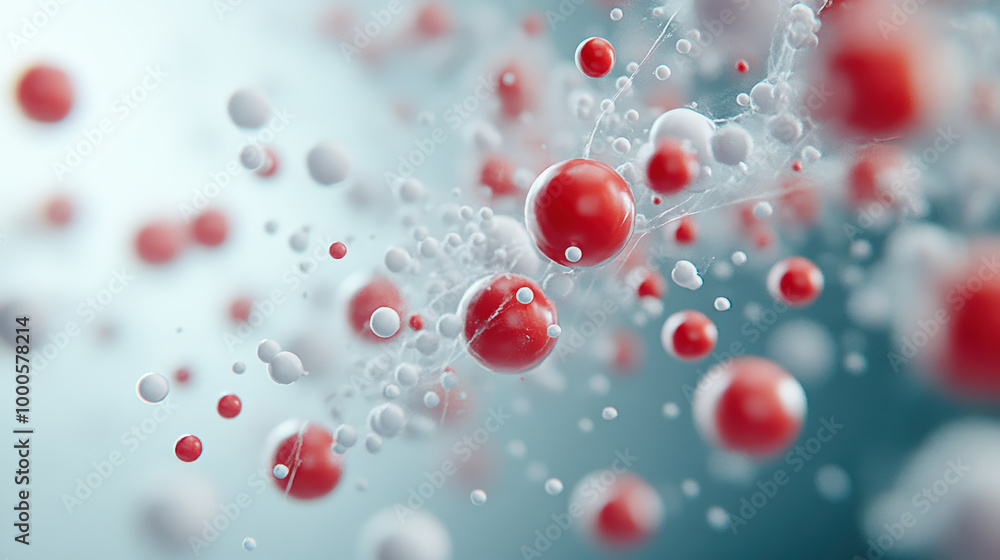 Poster abstract representation of molecules with red and white spheres, interconnected by lines, floating i