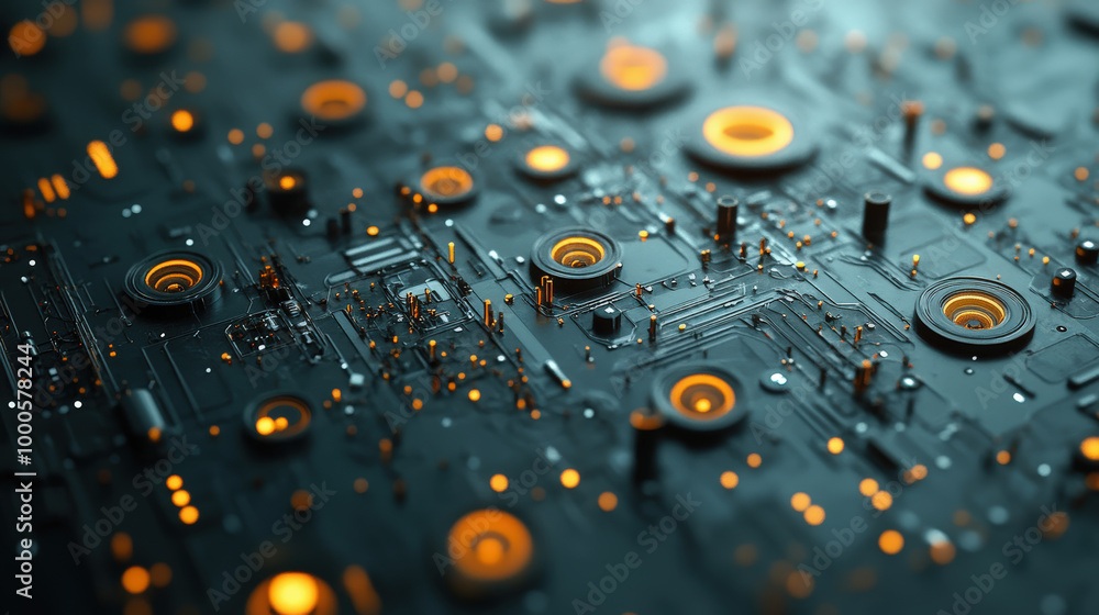Poster a close-up view of a futuristic circuit board illuminated with glowing orange lights and intricate e