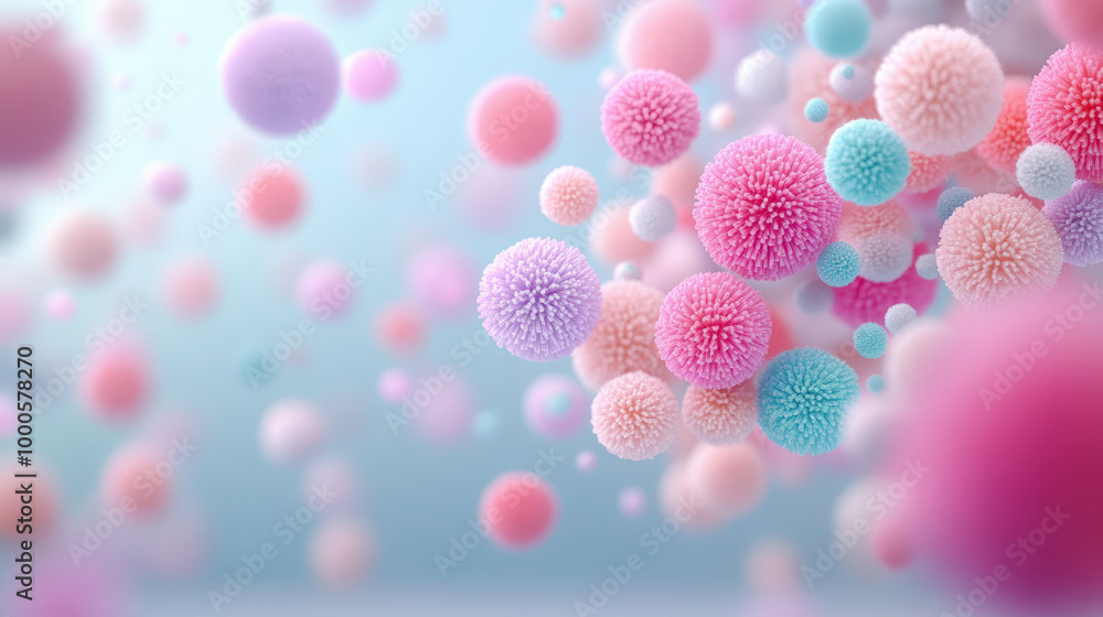 Poster colorful and fluffy 3d spheres of various sizes float against a soft gradient background, creating a
