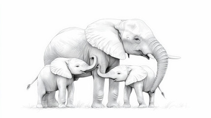 Naklejka premium A majestic adult elephant stands protectively with its two playful calves, creating a heartwarming family scene in this beautiful drawing.