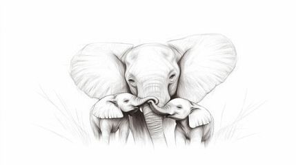 A beautifully detailed sketch of a mother elephant lovingly wrapping her trunk around her two adorable baby elephants.