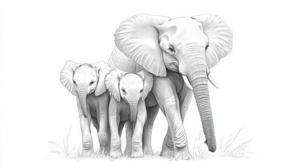 A sketch of three elephants standing closely together, depicting a protective adult with two young calves, highlighting familial bonds in the animal kingdom.