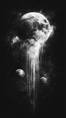 A black and white illustration of a moon with a stream of light flowing from it.