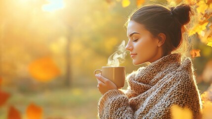 Woman enjoying a warm drink in a serene autumn setting. warm and good smell coffee in the morning. enjoy life, relaxation.