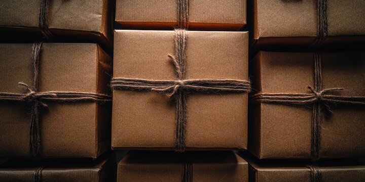 A collection of tightly bound brown paper packages secured with natural twine, showcasing the simple beauty of rustic packaging.