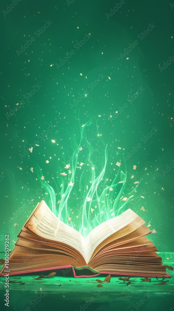 Poster an open book emits glowing light and floating paper fragments, creating a magical, surreal atmospher