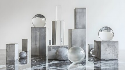 Concrete blocks, steel cubes, and glass orbs meticulously arranged on a sleek marble surface